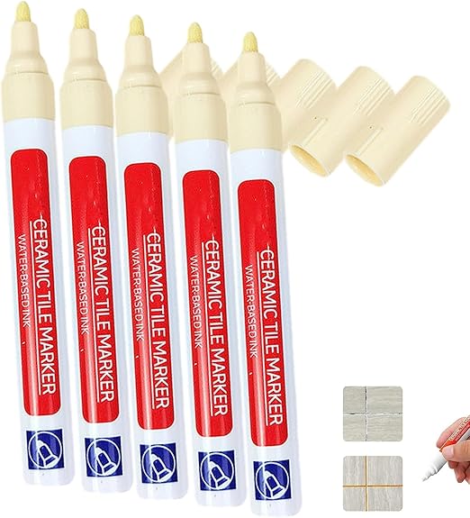 Waterproof Floor Ceramic Tile Marker,Grout Pen White Tile Paint Marker,No Faded for Home Ceramic Tile Marker Off-White,Restore Grout Lines Paint in Bathrooms & Kitchens (Beige*5pcs)