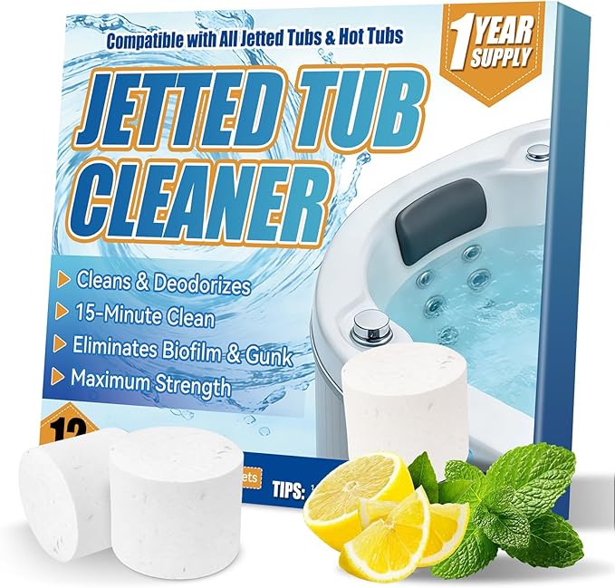 Jetted Tub Cleaner Bathtub Tabs, 12 Heavy Duty Jetted Tub Cleaner，Compatible with Jets, Tubes, Whirlpool & Spa Bath System，No Harsh Chemicals, Professional Septic Safe Solution