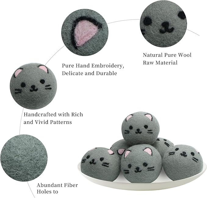 Dryer Balls Laundry Reusable - XL Wool Dryer Balls - Handmade Cute, Extra Large Dryer Balls, Shorten Drying Time, Organic Wool - Dry 1000+ Loads (Gray Cat)