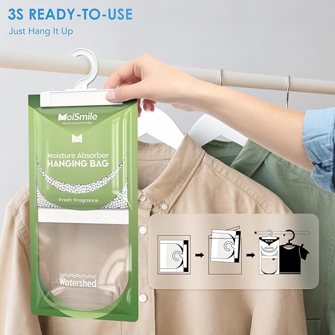 Moisture Absorbers 20 Pack Fresh Fragrance, Hanging Closet Dehumidifier Bags, Humidity Absorber, Compact Eliminates Odors Humidity Packs for Car, Bathroom, Bedroom, Basement, 9.8OZ