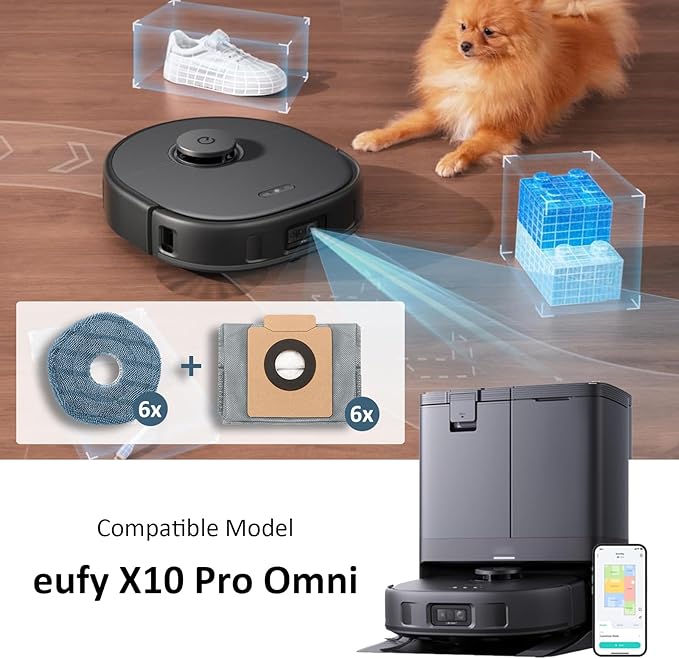12 Pack Replacement Parts Dust Bags Mop Pads for eufy X10 Pro Omni Accessories Robot Vacuum Self-Empty Station,6 Dust Bags, 6 Mop Pads