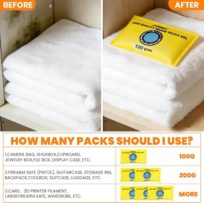 100g (6 Packs) Rechargeable Desiccant Packs for Storage, Color Indicating Silica Gel Desiccant Packets, Moisture absorbers for storage,Dehumidifier bag for Closets,Cars,Storage Bins
