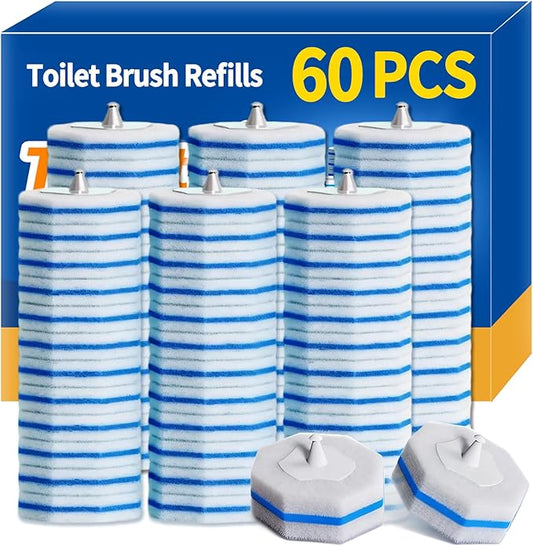 60pcs Disposable Toilet Brush Refill Pads, Replacement Brush Heads, Toilet Cleaner Refills，Disposable Wand Heads，Bathroom Cleaning，Toilet Cleaning Scrubbers Compatible with Most Toilet Brushes