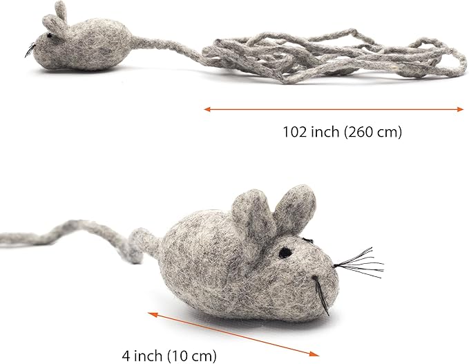 Glaciart One Felt Mouse Cat Toy – Soft Fuzzy Enrichment 100% Natural Wool - Interactive Catnip Play Cat Toy Set - Safe for Pets, Non-AZO Colored Dyes - 100” Long