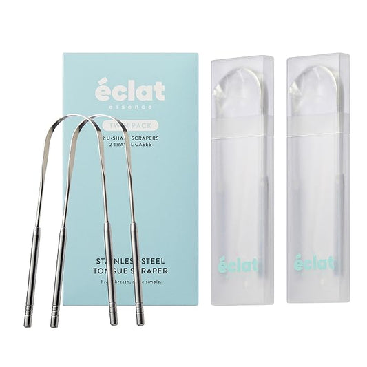 Éclat Stainless Steel Tongue Scraper with Travel Case, Tongue Cleaner for Fresh Breath & Oral Hygiene, Flexible, Durable, Easy-to-Use, Non-Irritating for Oral Care (Twin (U Shape x2))