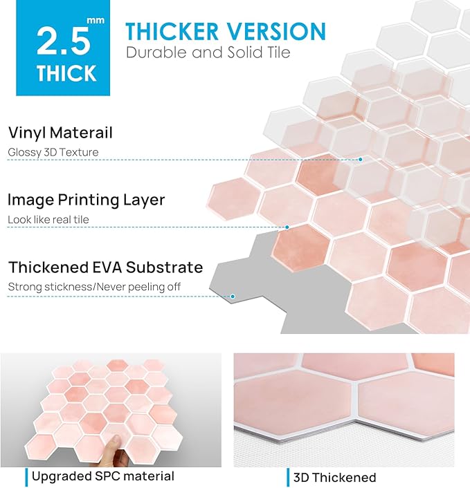 10-Sheet Hexagon Peel and Stick Backsplash for Kitchen, New Upgrade Premium Extra Thicker Design, 3D Self Adhesive Wall Tiles, Large Stick on Tiles for Kitchen and Bathroom (12" x 12")