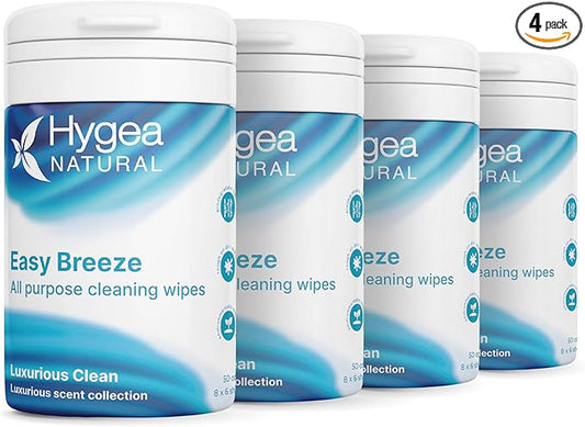 Hygea Natural EasyBreeze All Purpose Cleaning Wipes - Biodegradable Bamboo Wipes for Multi-surface Cleaning - Environmentally Friendly Formula - Luxurious Clean Scented (4 Packs of 50 Wipes Each)