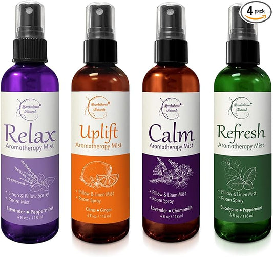 Aromatherapy Mist – Linen, Room & Pillow Spray, Set of 4 Natural Air Fresheners. Essential oil spray variety pack with Lavender, Chamomile, Eucalyptus, Peppermint & Citrus - Brookethorne Naturals