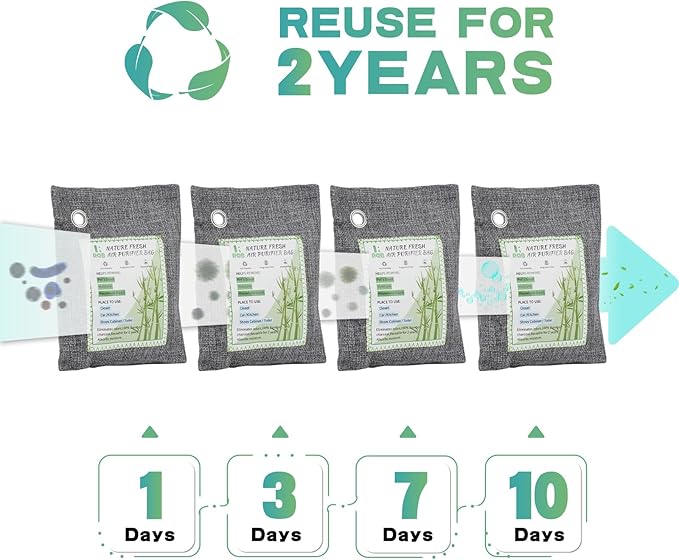 4 Pack Activated Charcoal Odor Absorber. Nature Fresh Bamboo Charcoal Air Purifying Bag Home Closet Air Freshener Deodorizer and Moisture Eliminator, Purifier for Closet, Shoe, Car Air freshener