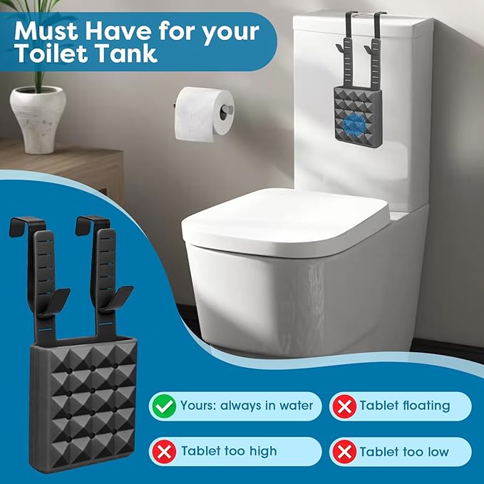 2Pcs Adjustable Toilet Tank Tablet Holder-Hanging Silicone Basket Carrier with Rustproof Hooks for Bowl Cleaner & Bleach Tablet Hanger Pouch Organizer, Accessory Fit Up to 7"Water Level