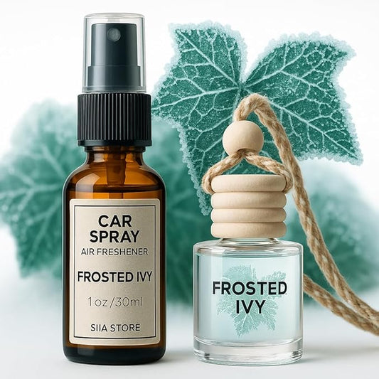Car Air Freshener Diffuser Set – Hanging Aroma Diffuser + Essential Oil Spray | Long-Lasting Natural Scent | Car Accessories for Women & Men | Gift with Vent Clip | Frosted Ivy