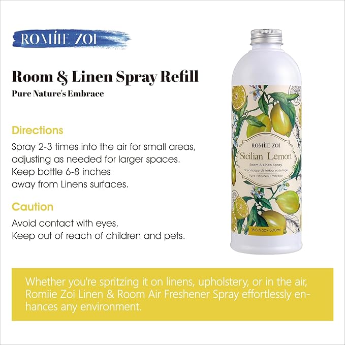 ROMIIE ZOI Lemon Room Spray Refill - 500ml / 16.8 Fl Oz - Invigorating and Zesty Scent for a Fresh, Energizing Home - Concentrated Air Freshener