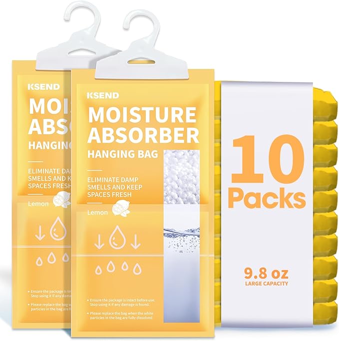 Moisture Absorbers 10 Pack, 9.8 Oz Compact Dehumidifier Bags & Packs, Moisture Hanging Bag, Humidity Absorbers, Closet Deodorizer Against Musty Odors, Lemon Scent, 11.8" x 6.3"