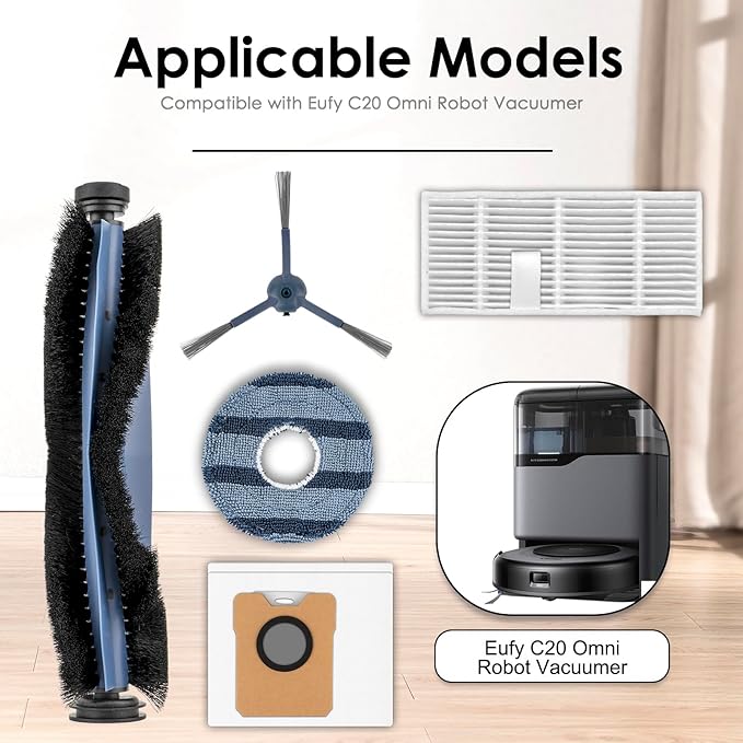 (20 Pack) C20 Omni Replacement Parts for Eufy C20 Omni Robot Vacuum, 2 Roller Brush, 4 Side Brushes, 5 HEPA Filters, 5 Dust Bags, 4 Mop Pads, Vacuum Attachments Accessories Kit