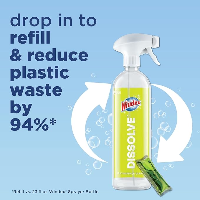 Windex Dissolve Concentrated Pods, Multisurface Cleaner Starter Kit contains 1 Reusable Bottle, 1 Concentrated Dissolvable Pod