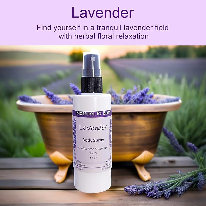 Blossom to Bath Lavender Body Spray (4 Ounce) - Pure Essential Oil Fragrance - Energizes Skin with a Relaxing Comforting Scent