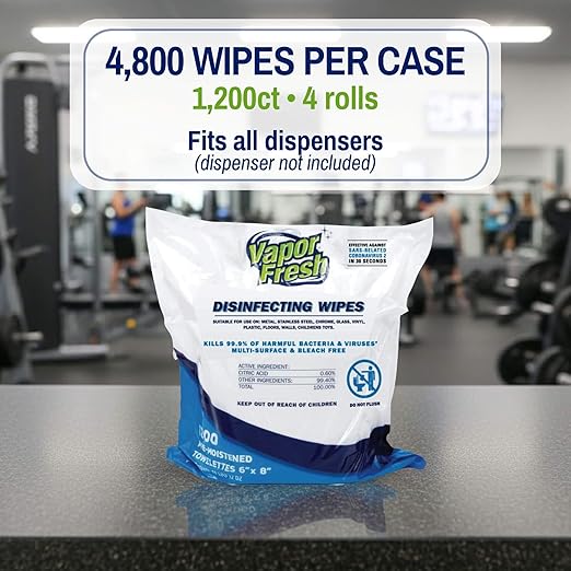 Vapor Fresh Disinfecting Wipes - 1200 Count x 1 Roll (1,200 Total Wipes) Plant Powered Commercial Grade Disinfectant For Gym Equipment, Fitness Studios, Spas - Free of Quats - Bulk Refill Rolls