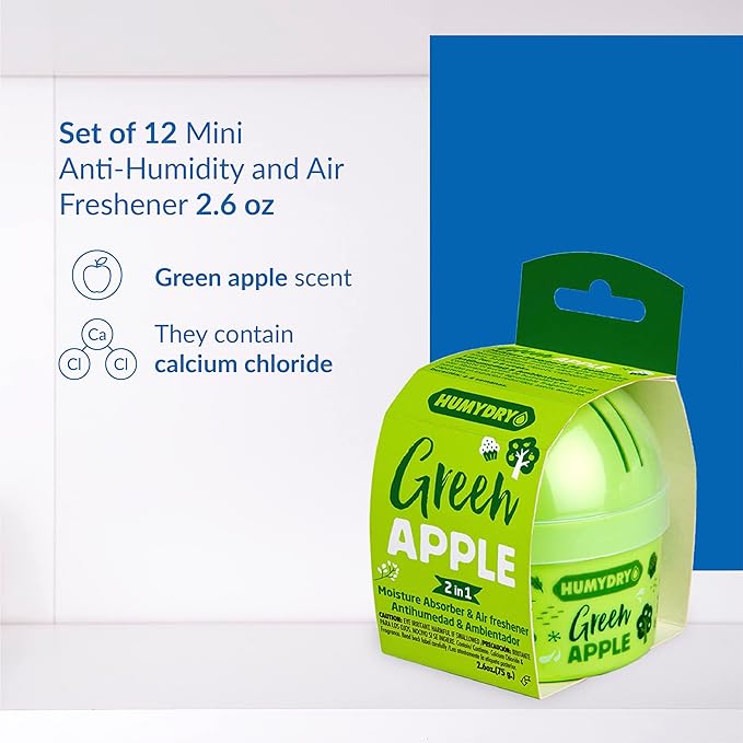 HUMYDRY Moisture Absorber Device, Mini Pack of 12 of 2.6oz, Small Space Dehumidifier and Air Freshener with Green Apple Scent, Non Electric Humidity Absorber for Closet Bedroom and Compact Areas