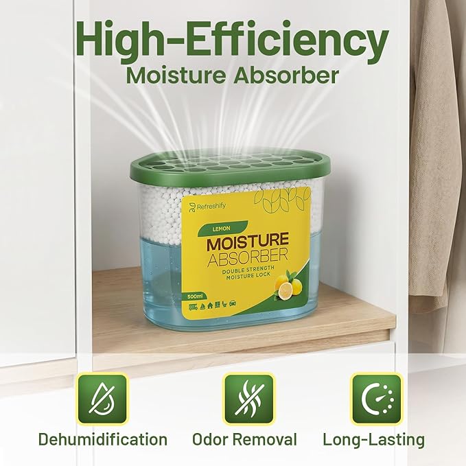 Premium Moisture Absorbers and Dehumidifier Tubs – High-Efficiency Closet Dehumidifier and Dehumidifier for Car, Odor Control Lemon Scent, 6 Pack, 7.5 Oz
