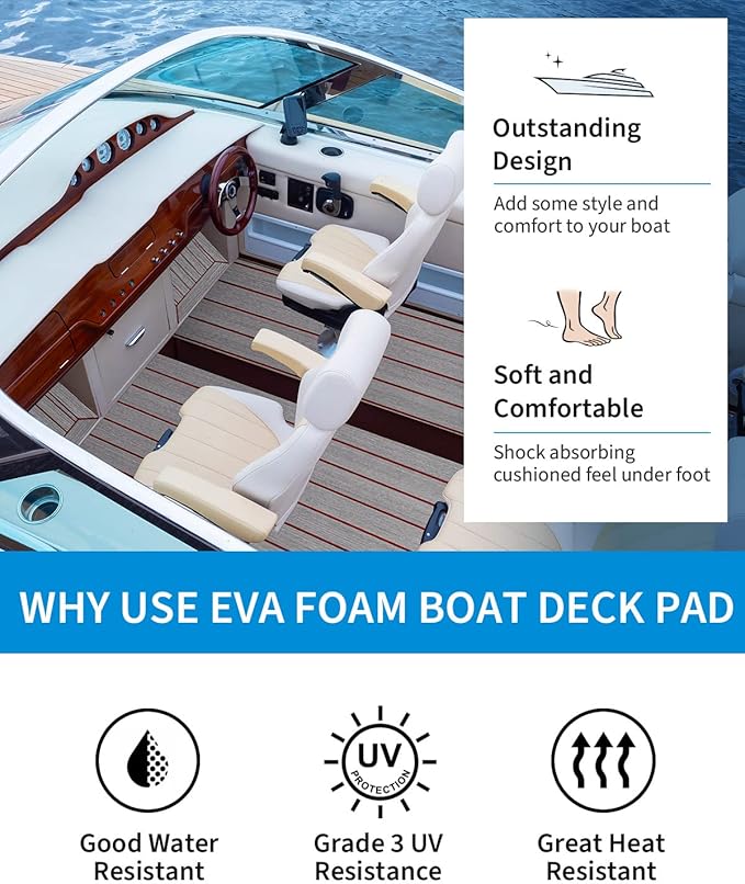 OCEANBROAD EVA Foam Boat Flooring with 3M Adhesive Backing Marine Self-Adhesive Decking 96''x45.6''/36''/28.8''/16.8'', 48''x16.8'' Faux Teak Sheet for Jon Boats Swim Platform Helm Pad RV Floor