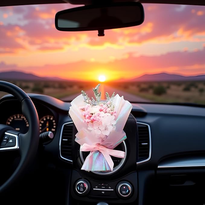 Pink Mini Dried Flowers Bouquet for Car Air Vent Clips, Car Air Outlet Perfume Decoration FlowerVent Clips Air Fresheners Interior Accessories Automotive