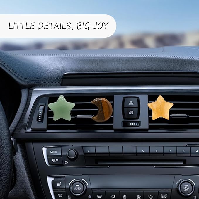 Moon Stars Car Decor,Boho Air Vent Clips,Refillable Car Fresheners,3pcs Natural Crystal Stone Hippie Dashboard Decorations Accessories,Best Wishes for Lover and Friend (Green & Yellow)