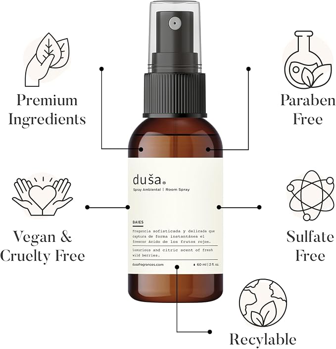 Dusa Baies Room Spray Linen Spray - 2 oz - Natural Air Freshener & Linen Mist for Home - Ultimate Home Fragrance, Bed Room Essentials & Soothing Fabric - Eco-Friendly Odor Eliminator w/Aromatherapy