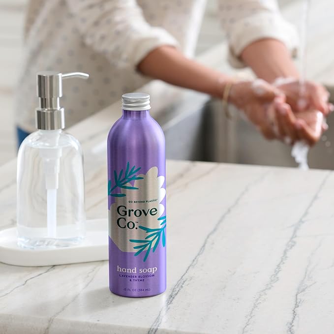 Grove Co. Hydrating Gel Hand Soap Refills (2 x 13 Fl Oz) + 1 x Reusable Glass Soap Dispenser, Plastic-Free & Liquid Refillable Starter Kit, Natural Lavender Blossom & Thyme Fragrance