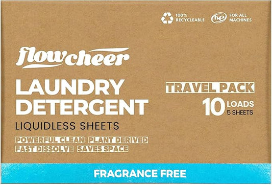 FlowCheer Laundry Detergent Sheets 10 Loads, Fragrance Free, Plastic-Free, Powerful Cleaning, Liquid-less Washer Sheets, Travel Laundry Sheet, Low Waste
