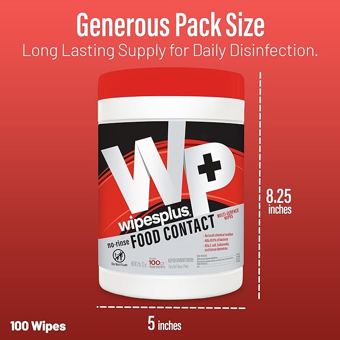 WIPESPLUS No-Rinse Food Contact Wipes Canister Multi-Surface Wipes, Unscented for Home and Business, 600, (6 Packs of 100)