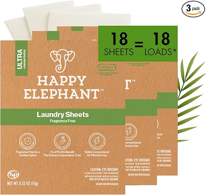 Happy Elephant Laundry Detergent Sheets, Fragrance Free, Natural Biodegradable Laundry Sheets, Plant Based, Tough on Stains, Gentle on Skin, Compatible with HE & Any Washing Machine, 6 Sheet, 3 Pack