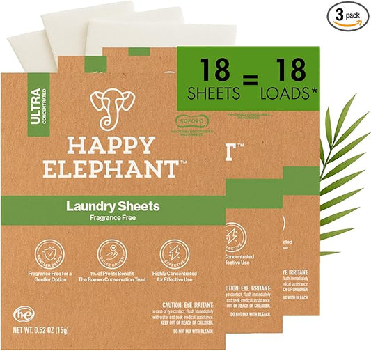 Happy Elephant Laundry Detergent Sheets, Fragrance Free, Natural Biodegradable Laundry Sheets, Plant Based, Tough on Stains, Gentle on Skin, Compatible with HE & Any Washing Machine, 6 Sheet, 3 Pack