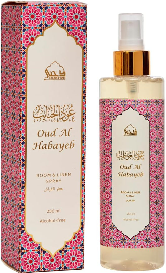 Oud al Habayeb Arabic Room Spray by Dukhni | 250ml Oud fragrance Air Freshener, Attar al Faraash for home & prayer mats | Bed linen, Sofa Mist, natural home scent, curtain spray, odour eliminator