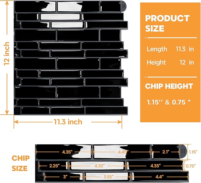 Vamos Tile Black Peel and Stick Tile Backsplash, 12"x12" 10-Sheet Stick on Wall Tiles,Self Adhesive Tile Sticker for Kitchen Backsplash and Bathroom(Black)