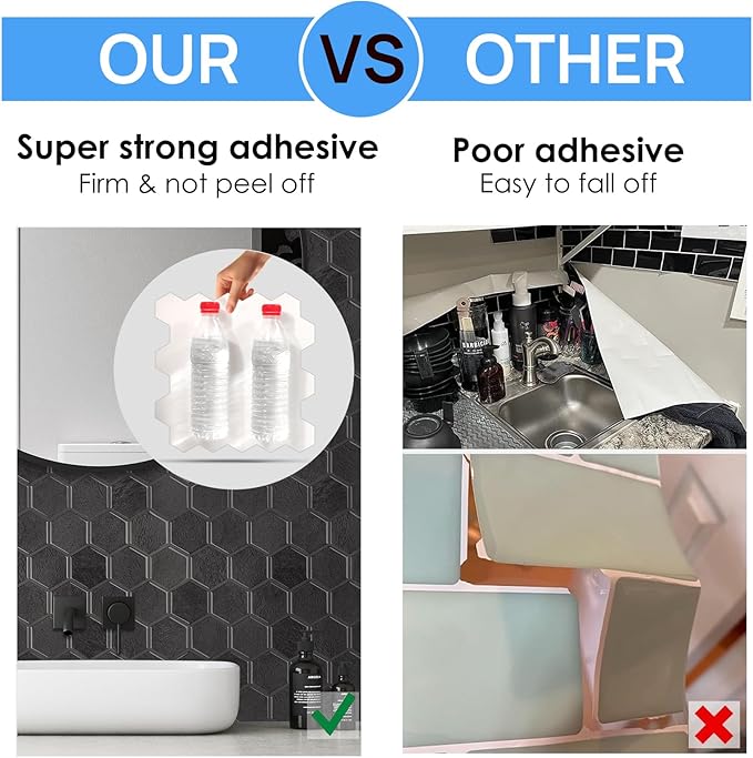 10-Sheet Hexagon Peel and Stick Backsplash for Kitchen, New Upgrade Premium Extra Thicker Design 3D Self Adhesive Wall Tiles, Large Stick on Tiles for Kitchen and Bathroom (12" x 12")