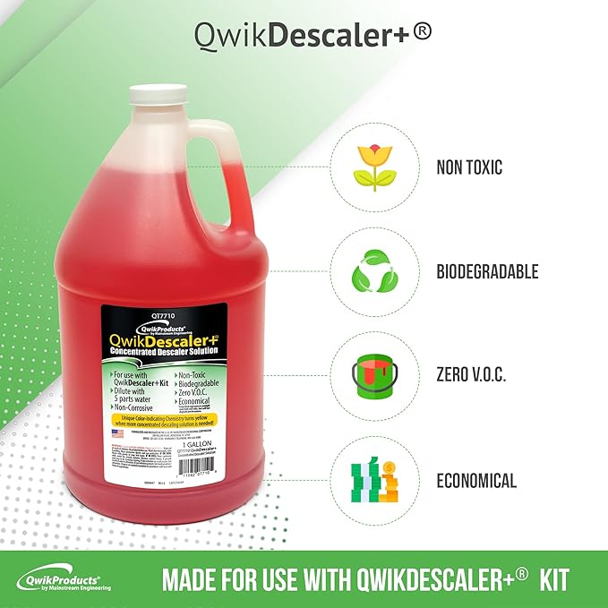 QwikProducts QwikDescaler + Concentrated Descaler Solution, Tankless Water Heater Descaling Solvent for Heat Exchanger, Quickly Dissolves Scale, Lime, Tarnish and Deposits, 1 Gallon