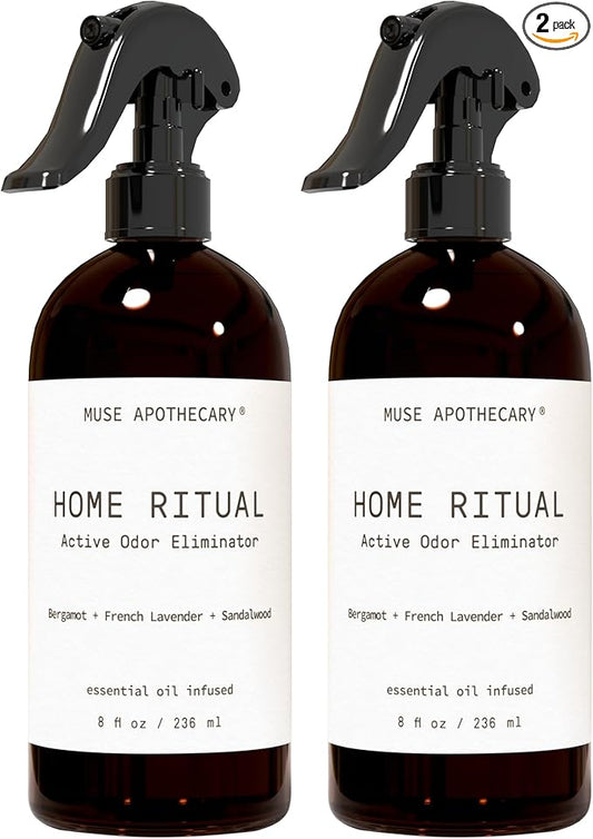 Muse Apothecary Home Ritual Active Odor Eliminator Spray - Furniture Deodorizer Spray & Bathroom Odor Eliminator for Home - Essential Oil Air Freshener - 8oz, Bergamot + French Lavender + Sandalwood