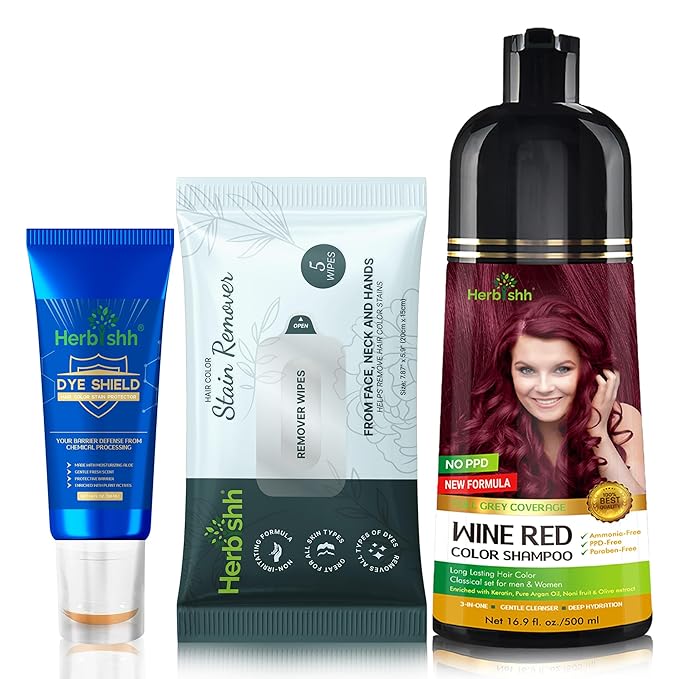 Herbishh Hair Color Shampoo for Gray Hair Wine Red 500 ML - Dye Shield or Defender - Hair Color Stain Remover Wipes - Travel Pack With 5 Wipes