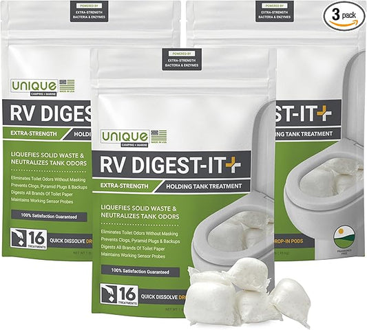 Unique RV Digest-It+ Extra-Strength RV Toilet Treatment Pod - Liquifies Waste and All Brands of Toilet Paper - Eliminates Odors at the Source (48 Pods)
