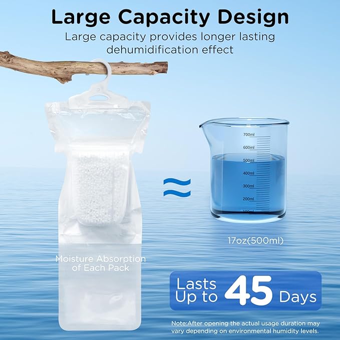 W&E Choice Moisture Absorbers Hanging Bag for Your Closet, Dehumidifier Bags for Bathroom, Fragrance Free Humidity Packs, 10 Pack, 9.9 Oz