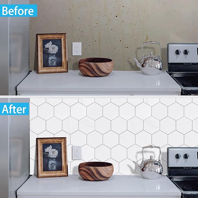 New Upgrade Premium Hexagon Peel and Stick Tile Backsplash, White Waterproof Stick on Backsplash, Self-Adhesive Marble Tiles for Kitchen,Bathroom and Bedroom，10-Sheet.