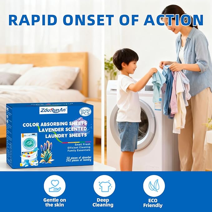 2-in-1 Laundry Detergent Sheets & Color Catcher Sheets, 290 Loads, Fast Dissolve Hypoallergenic Stain Remover - No Color Bleeding Fresh Lavender Scent for Home Dorms Travel