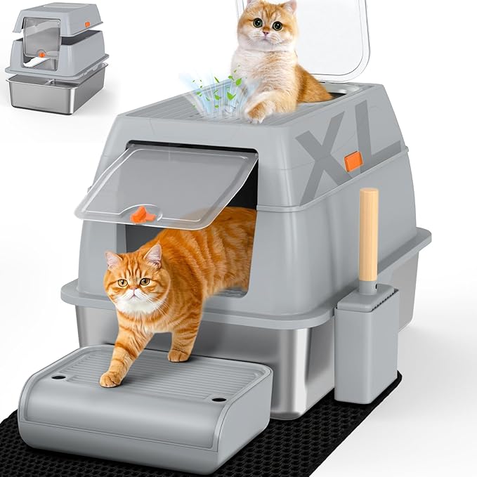 SZEE XL Stainless Steel Litter Box with Lid, Extra Large Metal Covered Litter Box, Stainless Box Easy Clean, Activated Charcoal Odor Control Design, Includes Litter Scoop & Mat & Step, Grey