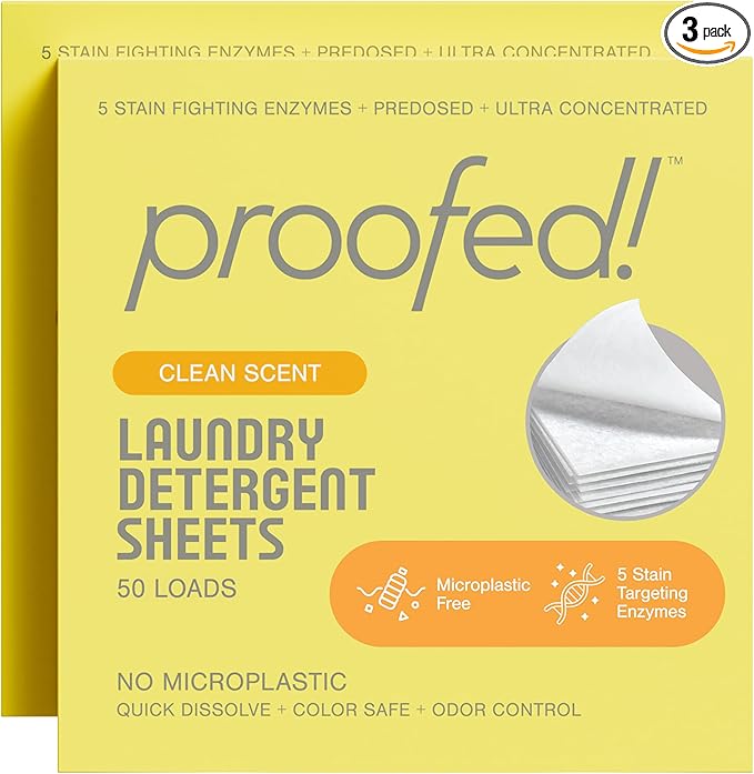 Proofed! Laundry Detergent Sheets, 96 Count, Clean Scent, The Only 100% Plastic-Free Sheet, No PVA or PVOH, Hypoallergenic, Bio-Based Ingredients, Made in USA, 3 Boxes