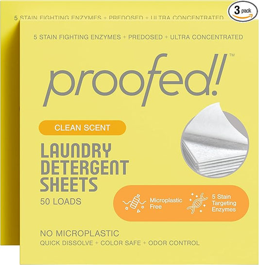 Proofed! Laundry Detergent Sheets, 96 Count, Clean Scent, The Only 100% Plastic-Free Sheet, No PVA or PVOH, Hypoallergenic, Bio-Based Ingredients, Made in USA, 3 Boxes