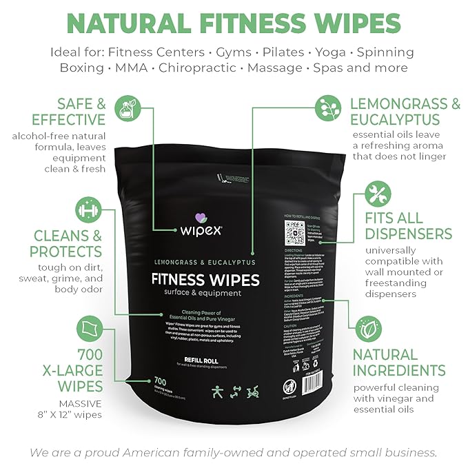 Wipex Wipe Dispenser Refill Bundle - 700 Count Gym Wipes for Equipment, Lemongrass & Eucalyptus Scent with Black Stainless Steel Floor Dispenser & Trashcan, Perfect for Fitness Centers & Facilities