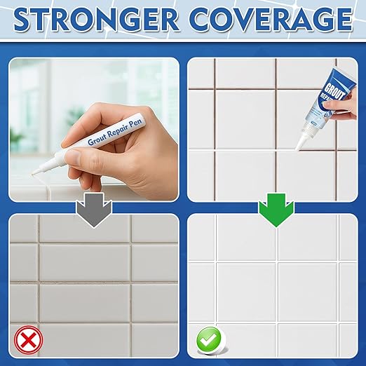Tile Grout Repair Kit, 2 Pack White Fast Drying Grout Filler for Bathroom, Kitchen, Shower, Replace Grout Pen to Restore and Renew Tile Joints Line, Versatile Triple Use with Grout Sealer (White)