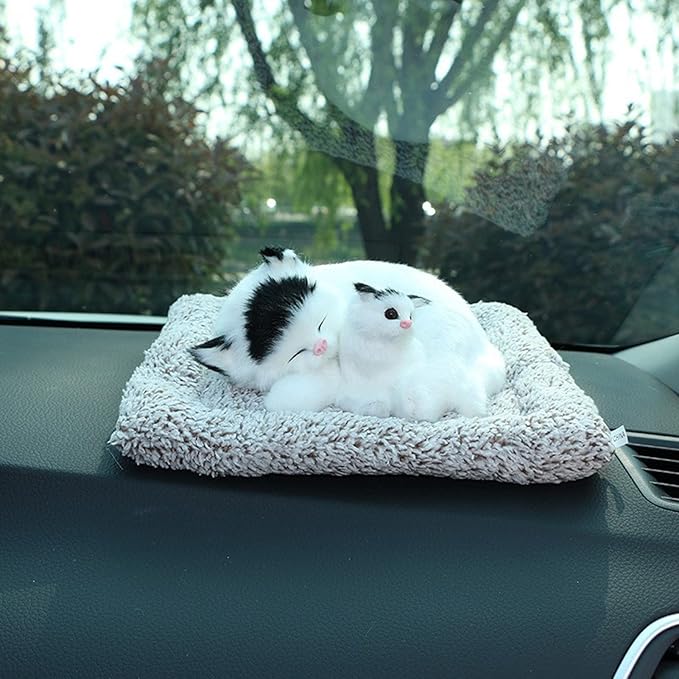 Walbest Cute Sleeping Cat Car Bamboo Charcoal Air Purifying Bags - Fluff Kitten Ornament Charcoal Bags Odor Absorber for Car Dashboard Decorations White