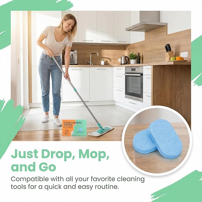 Floor Cleaning Tablets, Multi-Surface Floor Cleaner Solution with Mopping for Bathroom, Kitchen, Floors & Tile, Lemon Scent (12 pcs) (2)
