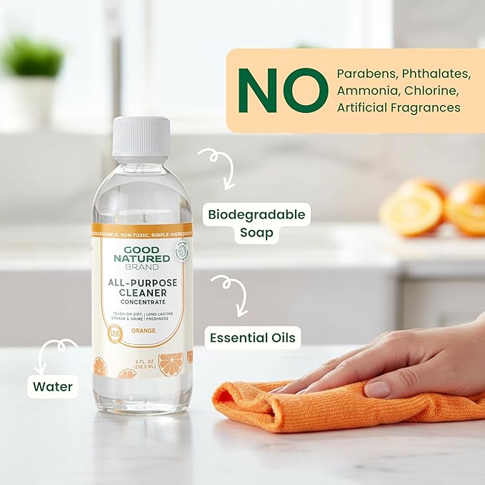 Good Natured Brand All-Purpose Cleaner Concentrate | Multi-Surface Cleaner | Natural Orange Essential Oil | Multipurpose Cleaner Concentrate All Surfaces | Orange | 8oz makes 128oz